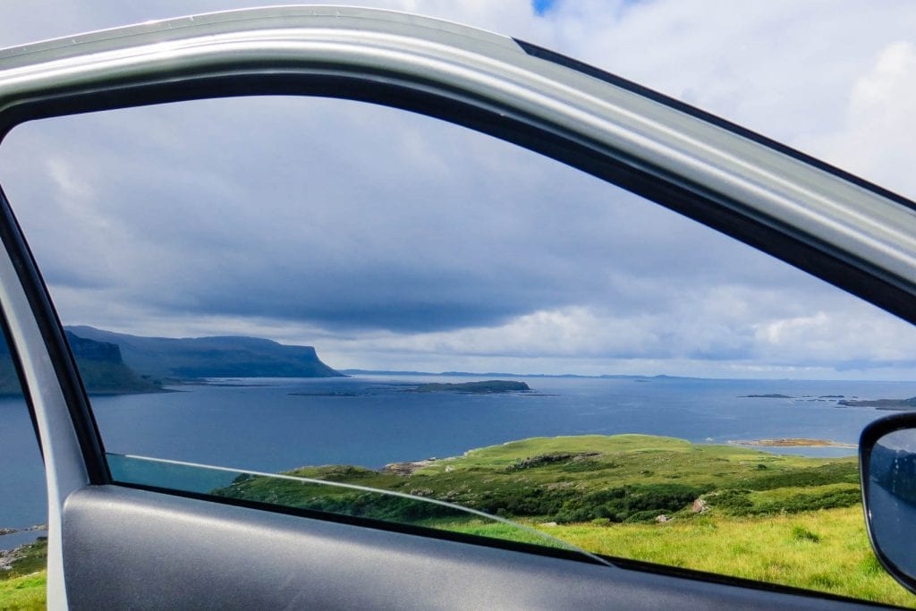 The view through the car window on a road trip around the Isle of Mull.