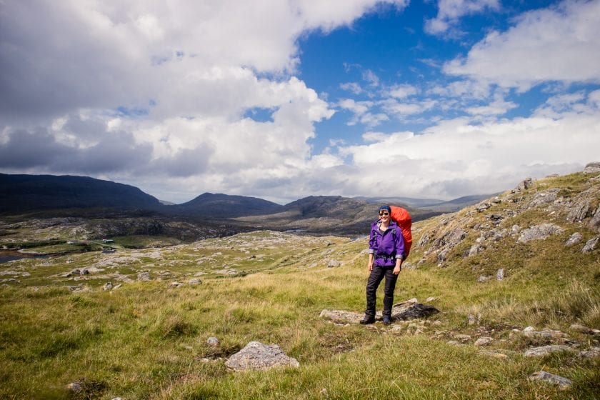 Carrying my big backpack through the mountains of Harris along the Hebridean Way.