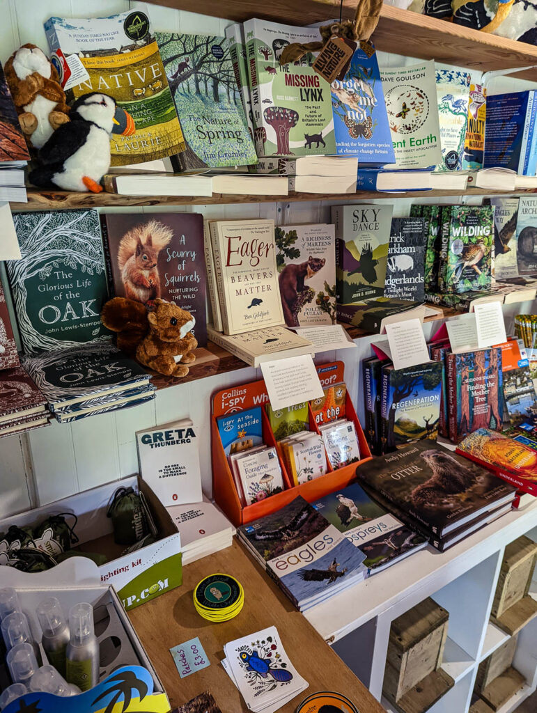 A wall of booksheves and beaver-themed gifts