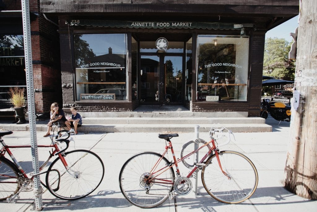 Bicycle in front of a coffee shop in the Junction neighbourhood in Toronto