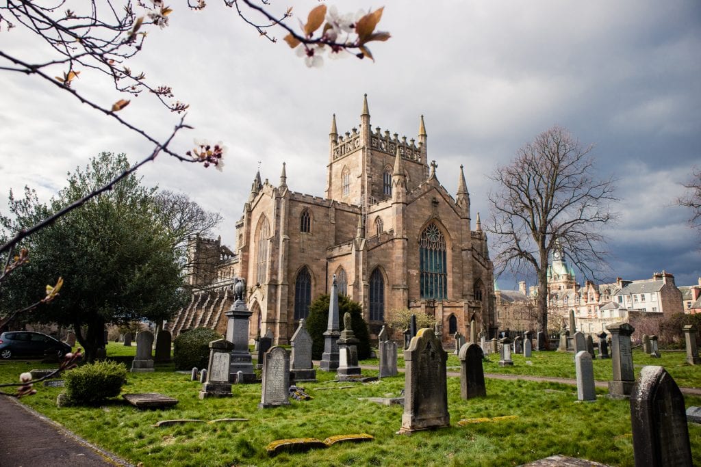 Dunfermline Abbey and the surrounding cemetery.