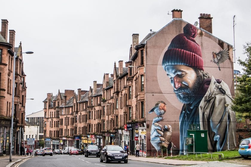 Mural of St Mungo in Glasgow's oldest quarter near Glasgow Cathedral.