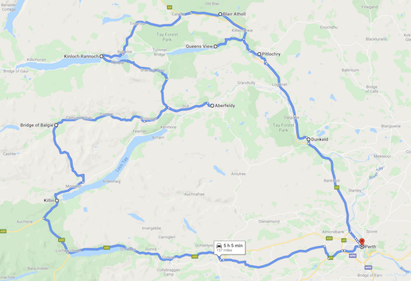 map of a Scotland road trip - perthshire