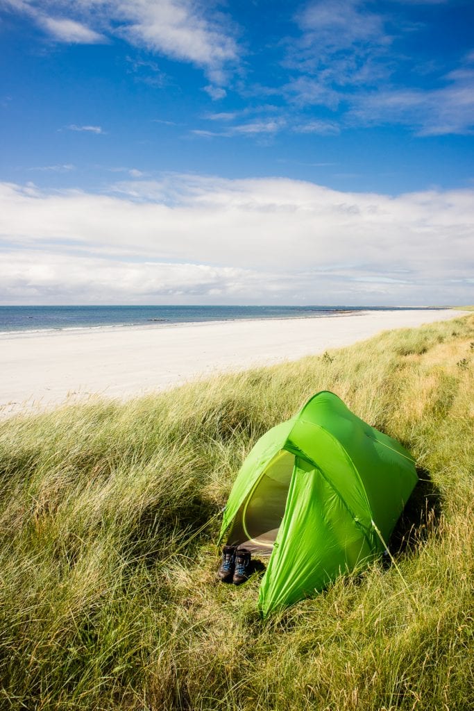 A wild camping spot near Askernish on the Isle of South Uist in Scotland.