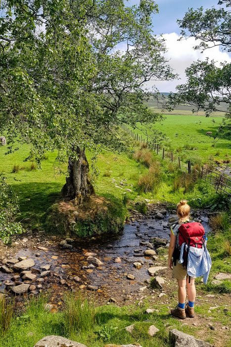 My friend Lin standing by a small creek on the Speyside Way.