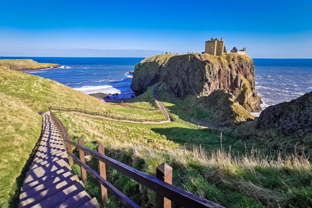 The steep steps to Dunnottar Castle in Scotland