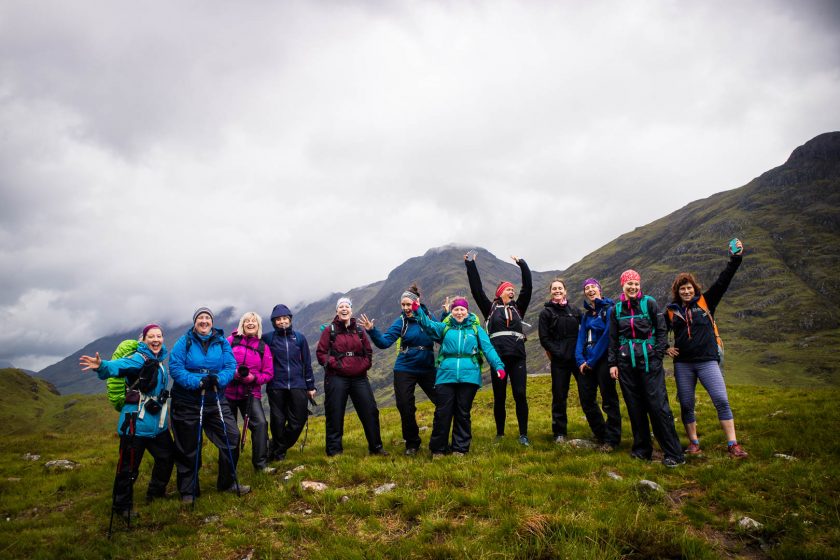 A group of woman hiking in the Scottish Highlands